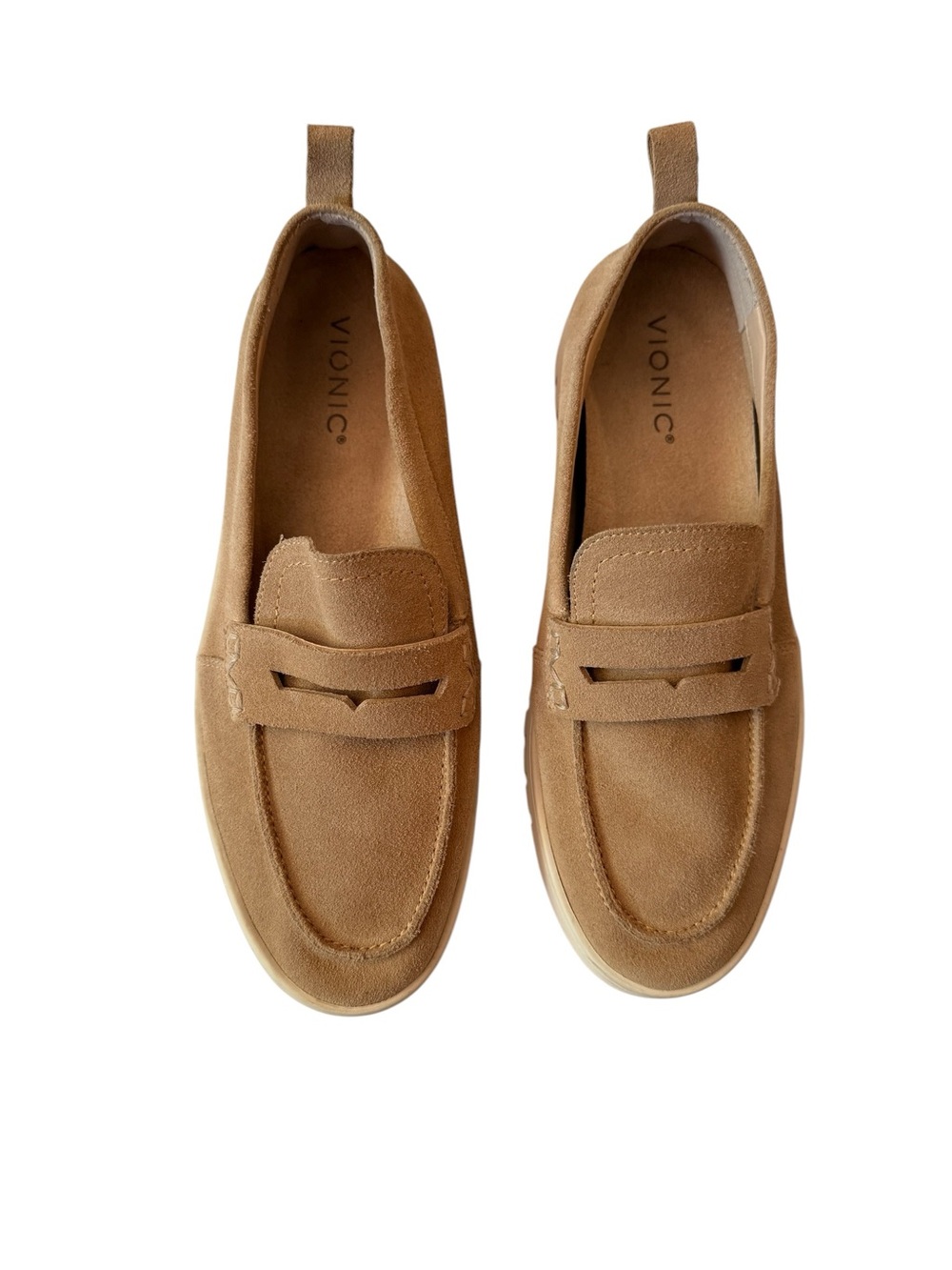 Vionic Uptown Sand Suede Penny Loafers size 9.5 wide Excellent Condition